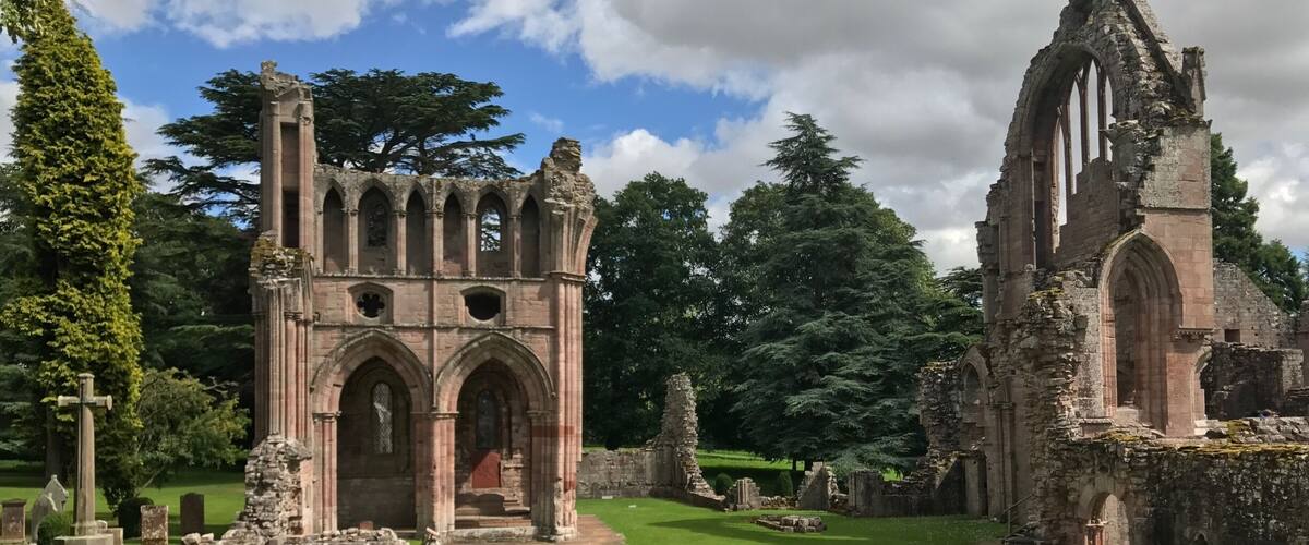 Dryburgh Abbey, perhaps the most beautiful of all the Scottish border abbeys built on the banks of the river Tweed and home to the graves of one of Scotland's most influential romantic writers Sir Walter Scott, and Field Marshal Douglas Haig, Commander-in-Chief of the British forces in France for much of WWI.