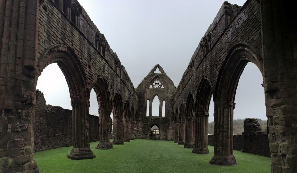 Sweetheart Abbey. Founded by the widow of King John Bailliol.