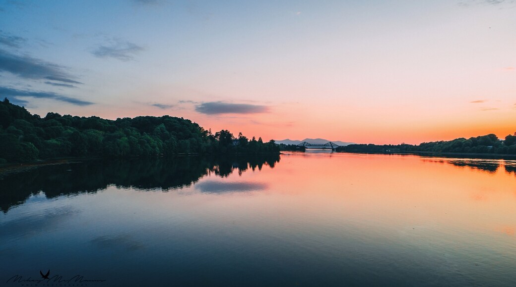 Sunset and looking out towards Mull, where the bridge peaks see the hills on Mull. From the roadside of the A85 heading towards Oban