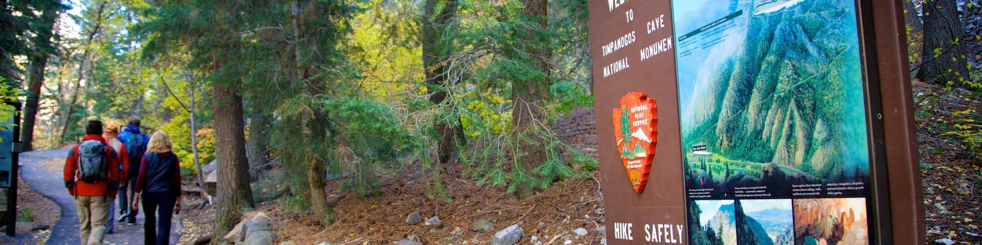 A hiking trail sign with a map and information about Timanogos Cave National Monument.
