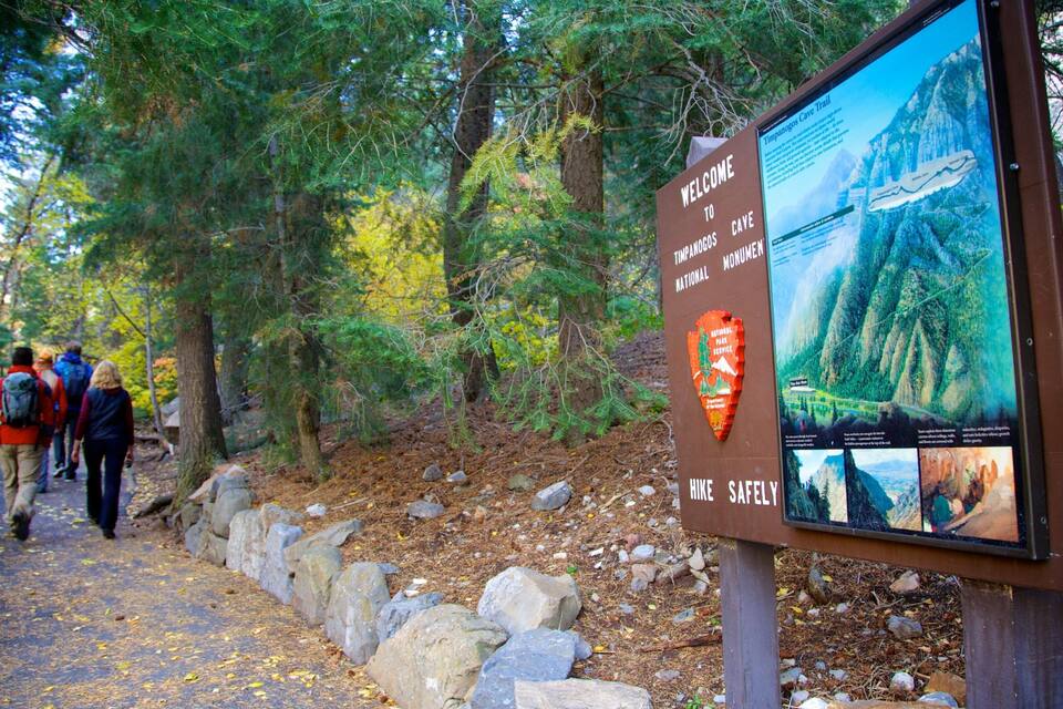 Señalización de sendero con un mapa e información sobre el Monumento Nacional de la Cueva Timanogos.