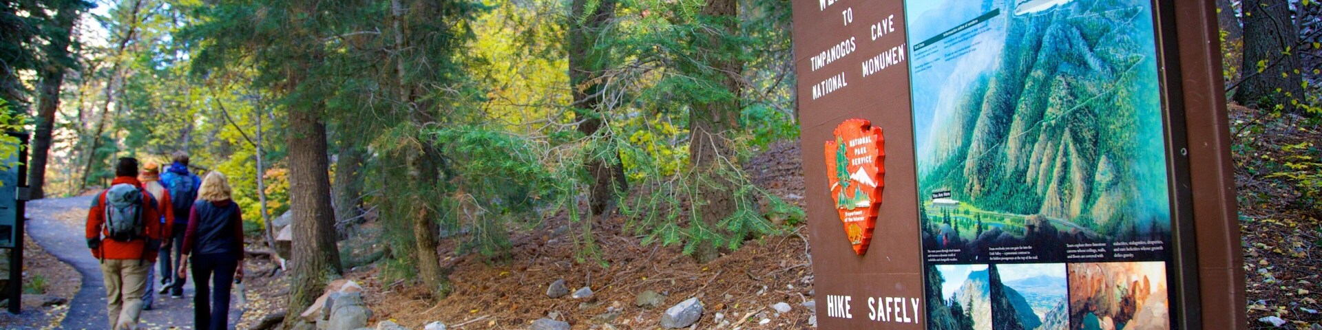 Un panneau indiquant le début d’un sentier de randonnée, avec une carte et des informations sur le monument national de la grotte de Timanogos.