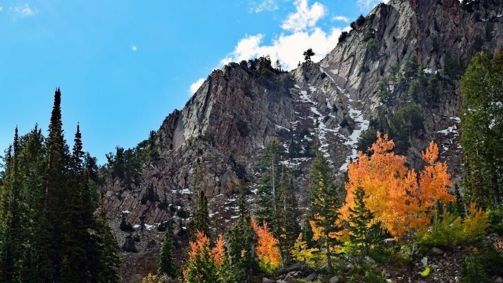 A mountain landscape with autumn foliage, rocky cliffs, and evergreen trees.
