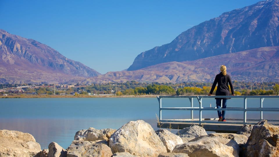 Utah Lake State Park featuring views, mountains and a park