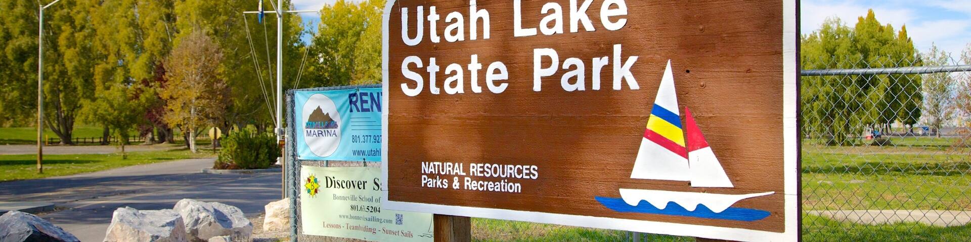 Utah Lake State Park which includes a park and signage