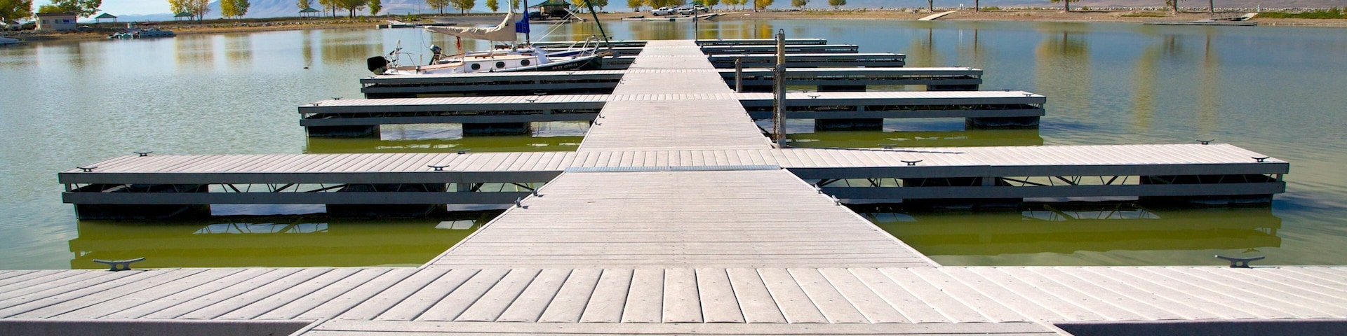 Utah Lake State Park which includes a bay or harbor and a garden