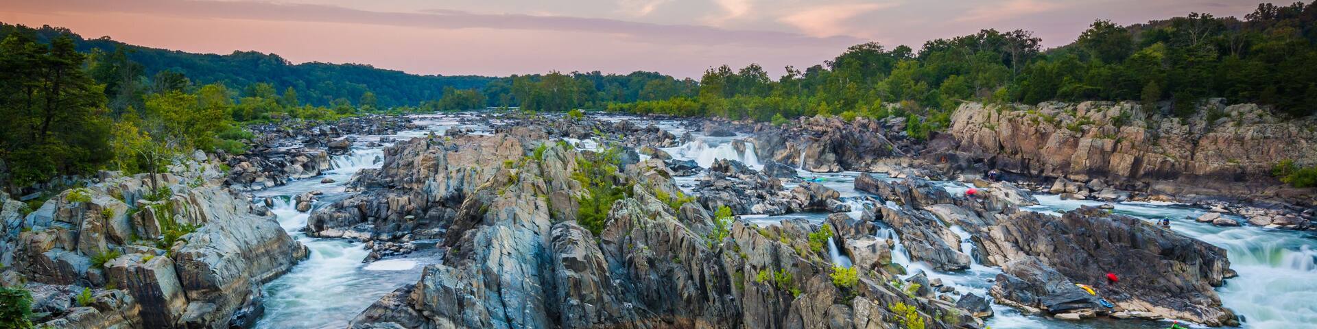 View of rapids in the Potomac River at sunset, at Great Falls Pa