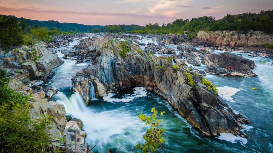 View of rapids in the Potomac River at sunset, at Great Falls Pa