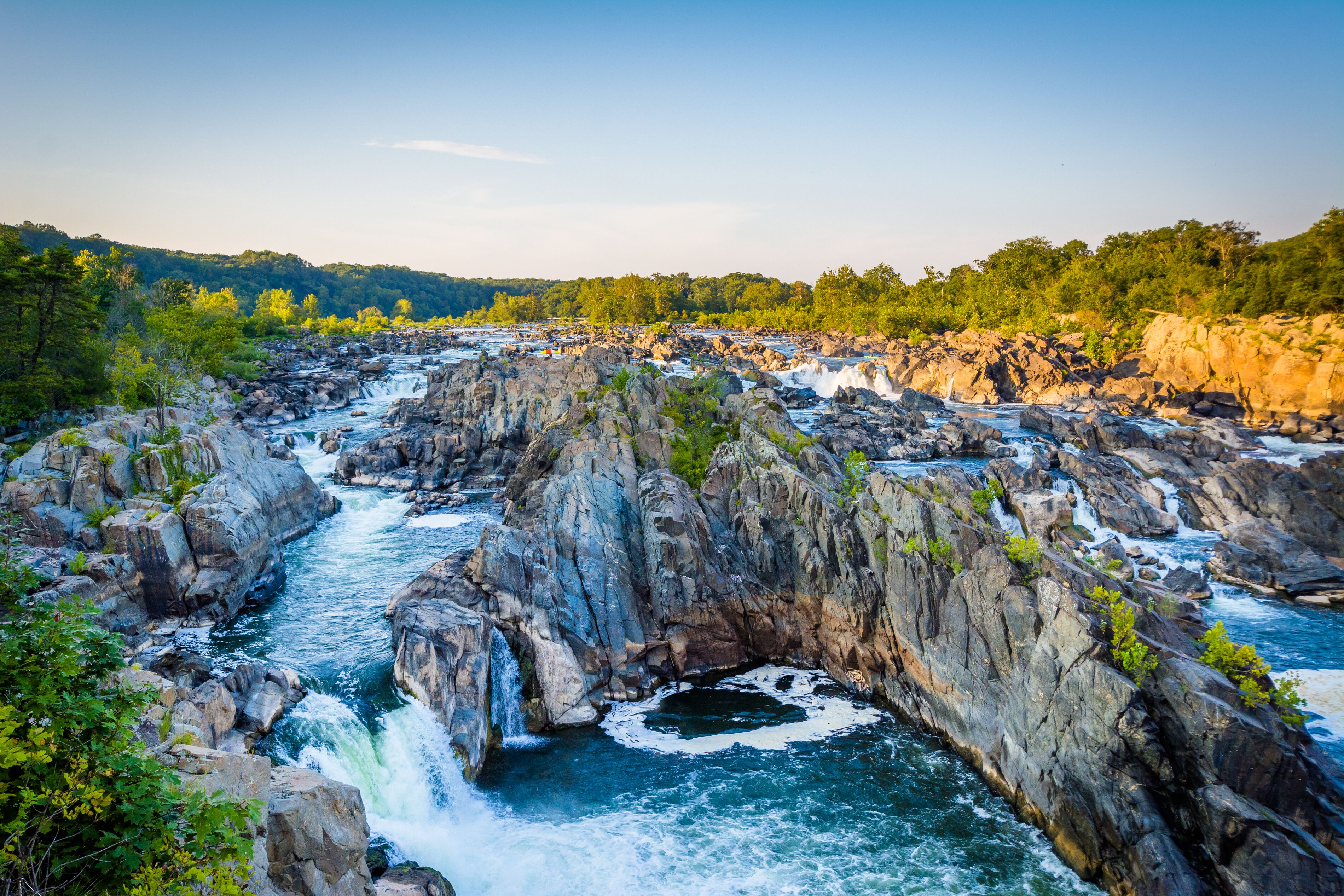 View of rapids in the Potomac River at sunset, at Great Falls Park, Virginia., Shutterstock ID 483240202, Purchase Order: -