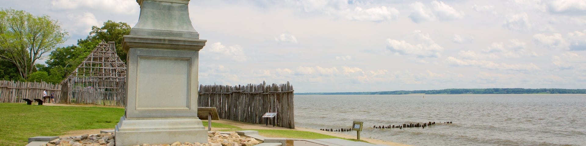 Historic Jamestowne showing general coastal views, a monument and a statue or sculpture