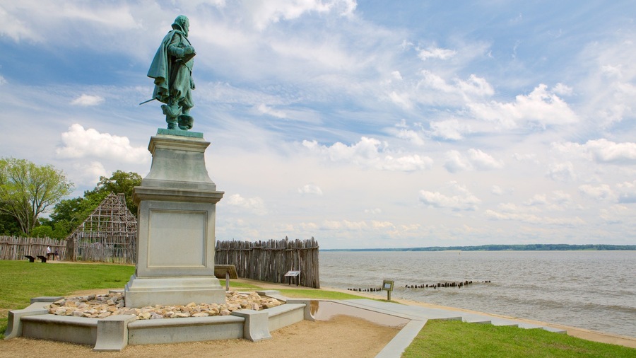 Historic Jamestowne showing general coastal views, a monument and a statue or sculpture