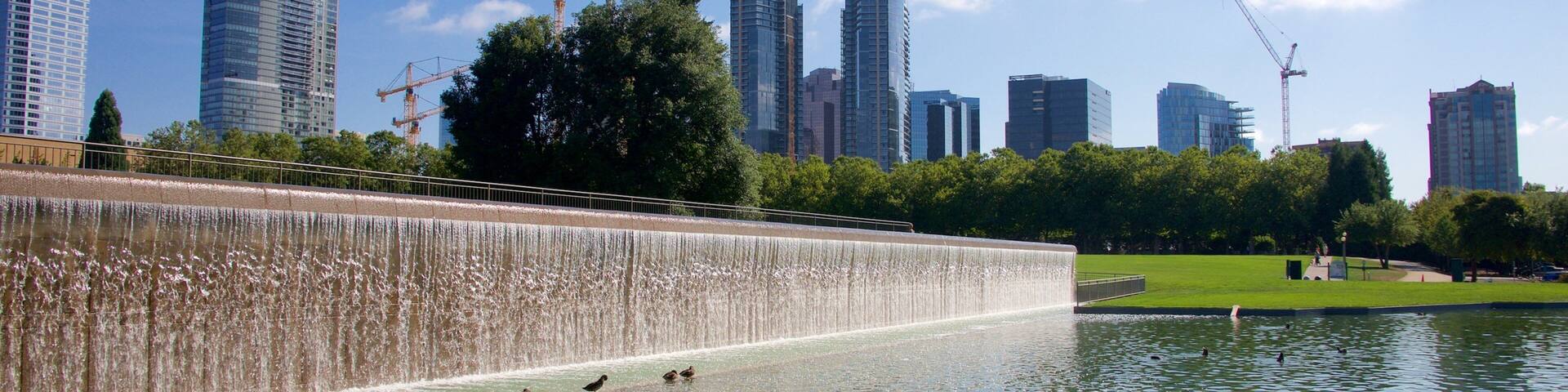 Downtown Park which includes a park and a pond