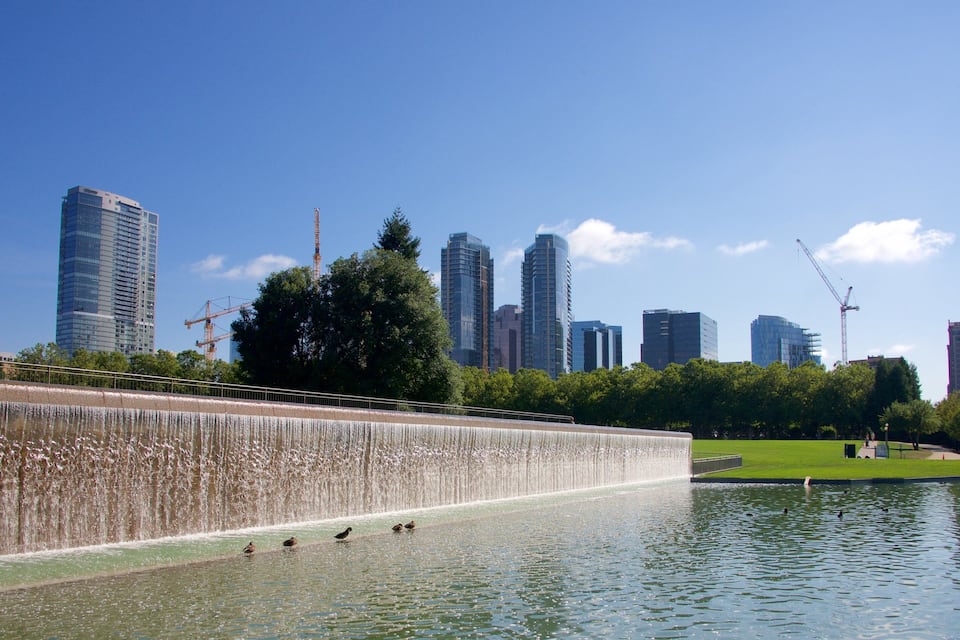 A cityscape with modern skyscrapers, a fountain, and a calm body of water with ducks.