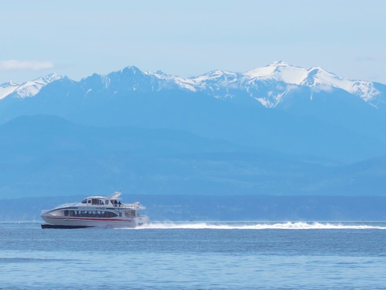 Sunny day looking toward the Olympic Mountains from the beach.