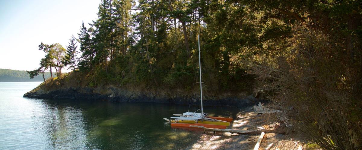 A calm lake with a sailboat docked on a sandy shore, surrounded by dense forest.