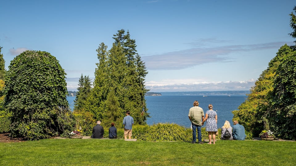 Bloedel Reserve which includes a garden and general coastal views as well as a small group of people