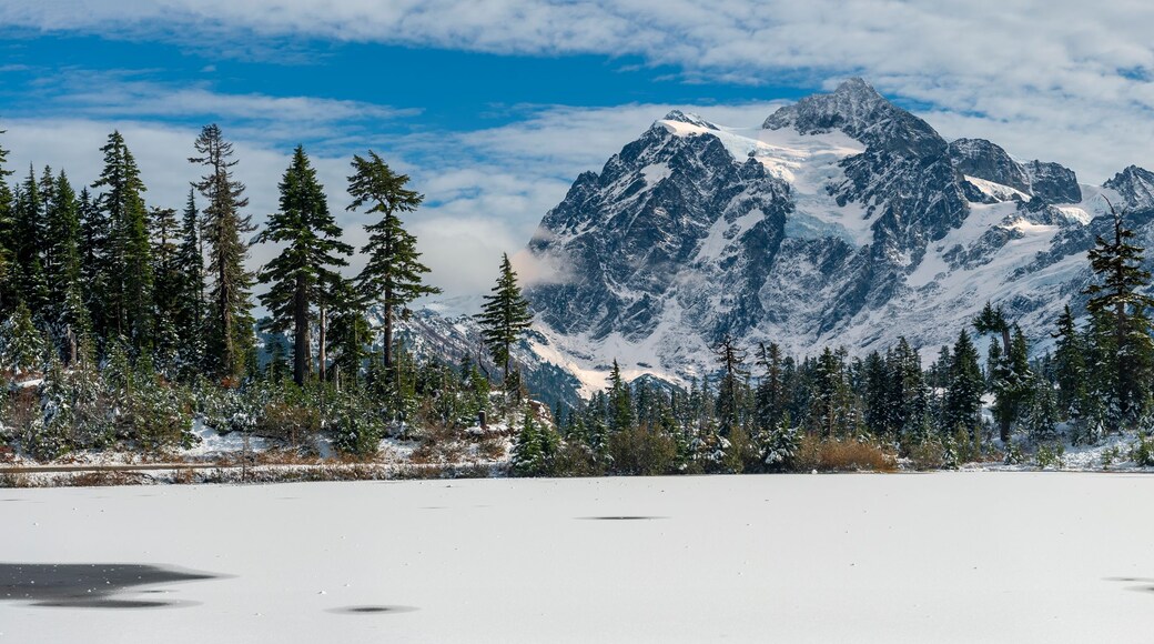 Un lago cubierto de nieve, rodeado de frondosos árboles perennes y una cordillera nevada.