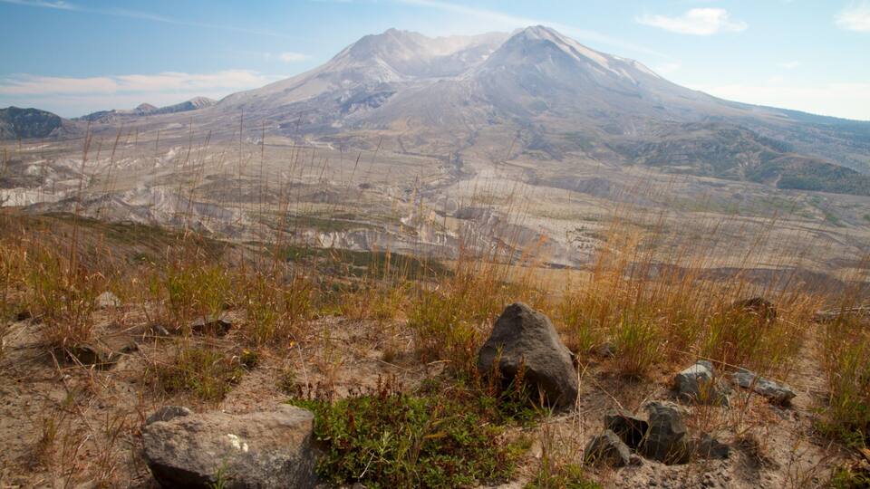 A mountain landscape with a prominent peak, rocky foreground, and sparse vegetation.
