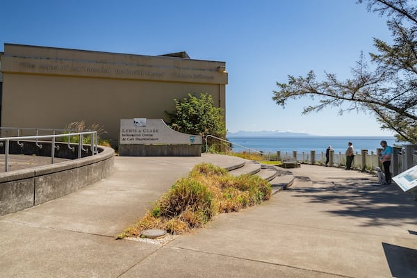 The Lewis & Clark Interpretive Center at Cape Disappointment with a view of the Pacific Ocean.
