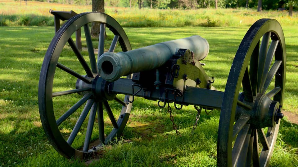 A cannon with large wheels on a grassy field.