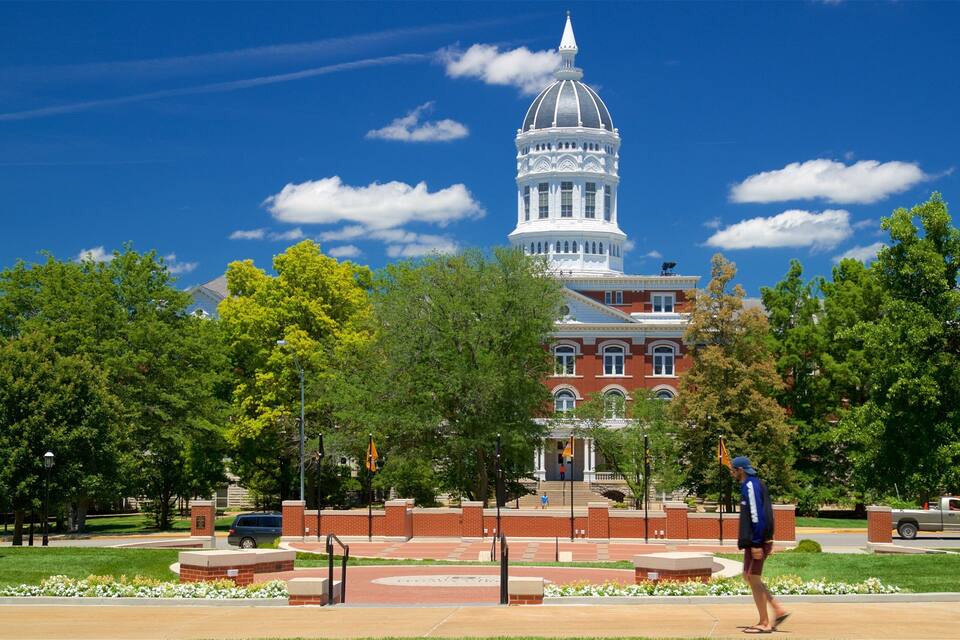 A large white dome building with a red brick base, surrounded by green trees and a clear blue sky.
