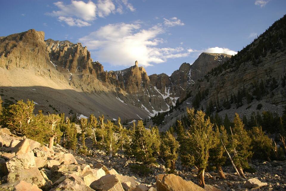 A rugged mountain landscape with rocky terrain, scattered trees, and a prominent peak with a small structure on top.