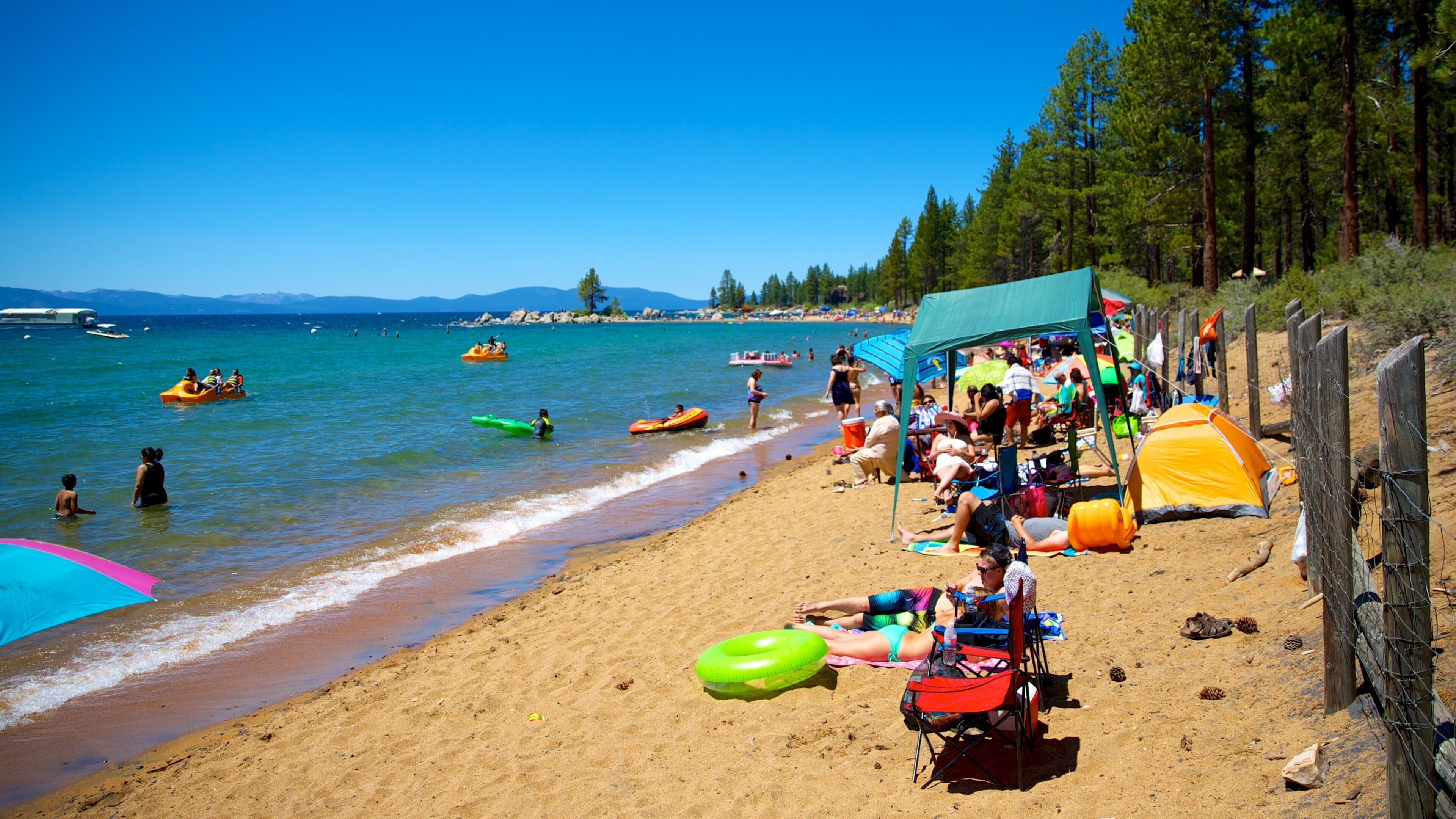 Zephyr Cove Beach showing a beach and swimming as well as a large group of people