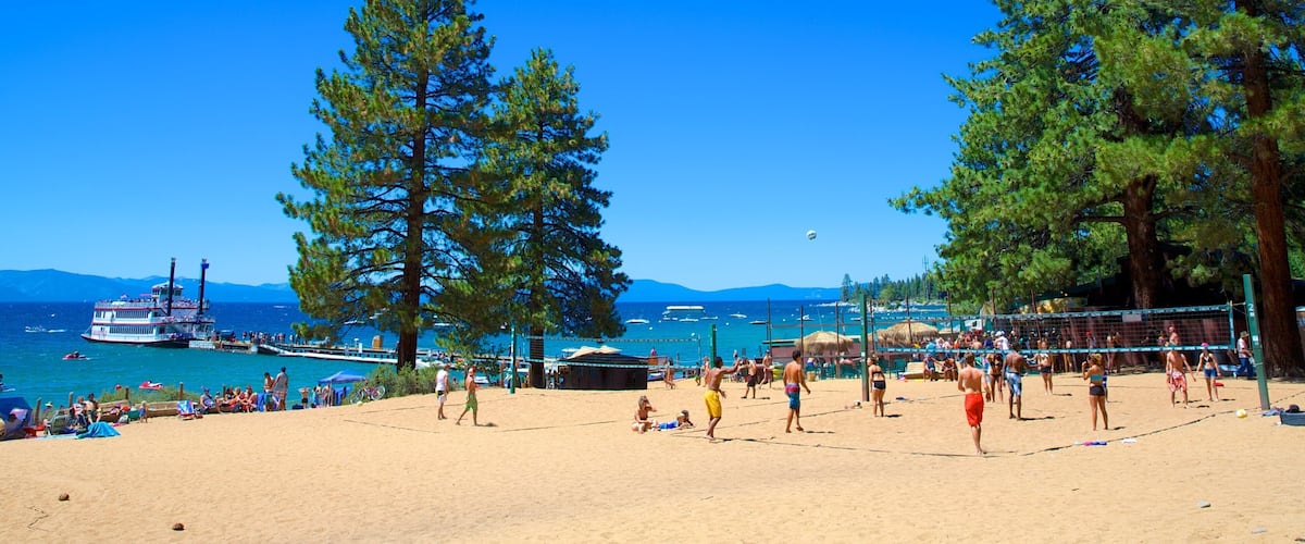 Zephyr Cove Beach showing a beach as well as a small group of people