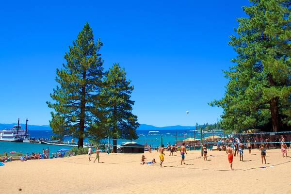Zephyr Cove Beach showing a beach as well as a small group of people