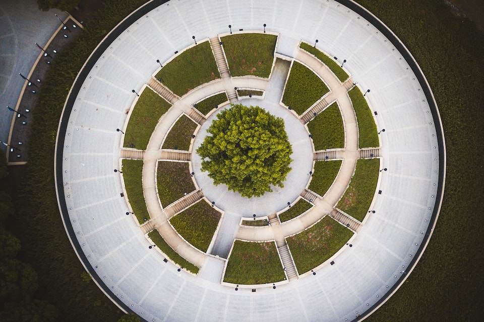 A circular plaza with a central tree and surrounding pathways.