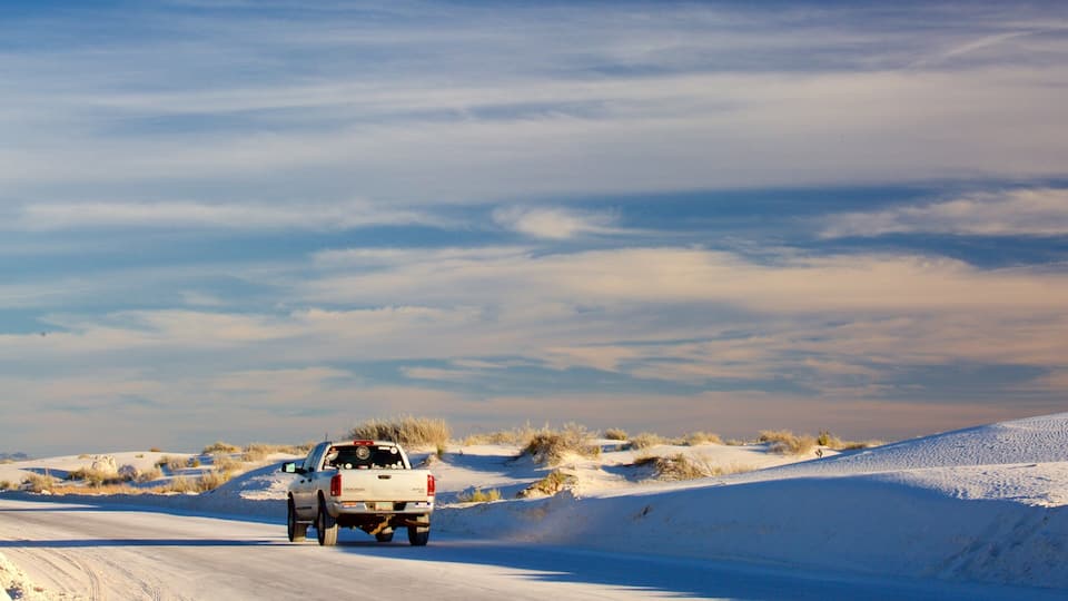 A white pickup truck driving on a snow-covered road in a desert landscape with sand dunes and sparse vegetation.
