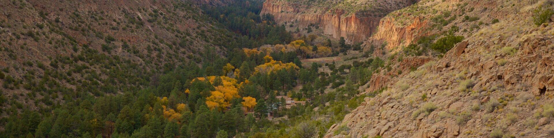 Bandelier National Monument showing landscape views, a gorge or canyon and tranquil scenes
