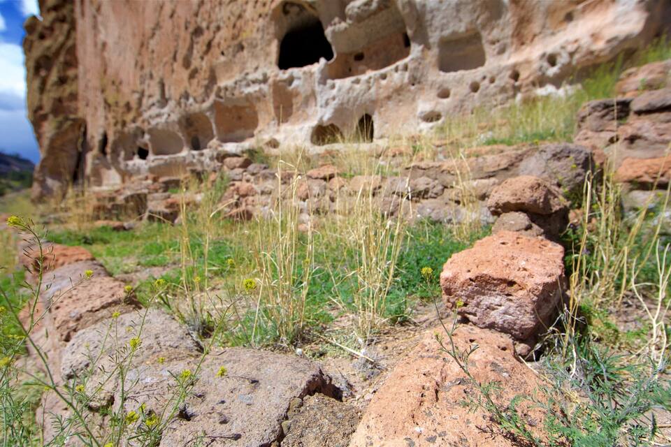 A rocky landscape with a large cave-like structure featuring multiple openings.