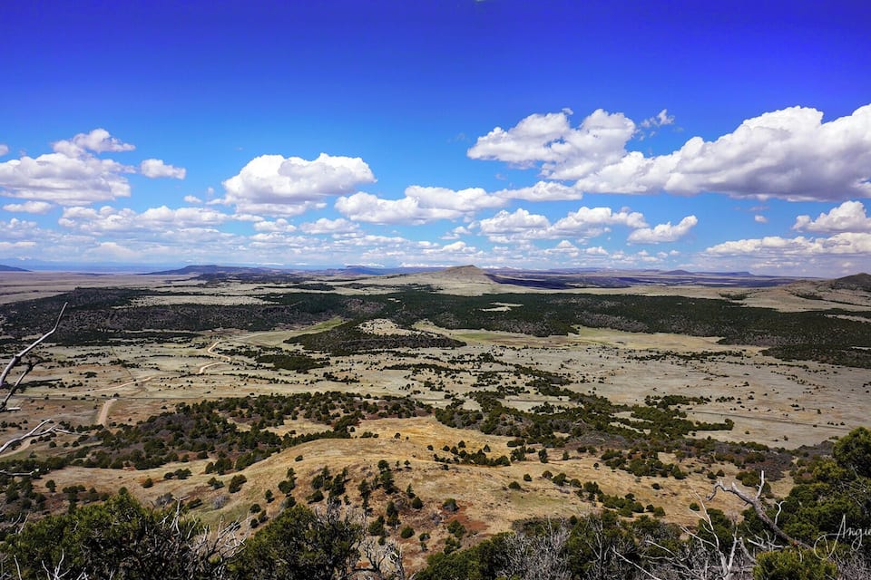 Un paisaje extenso con colinas onduladas, árboles dispersos y un cielo azul despejado con nubes.