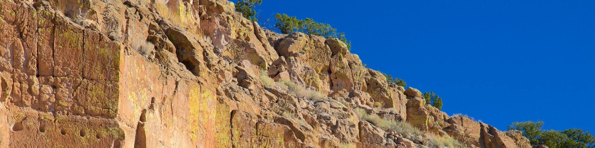 A rugged cliff with visible erosion patterns and holes, surrounded by sparse vegetation.