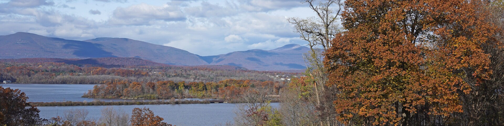Old garden wall with scenic view of Hudson River Valley in Dutchess County, New York