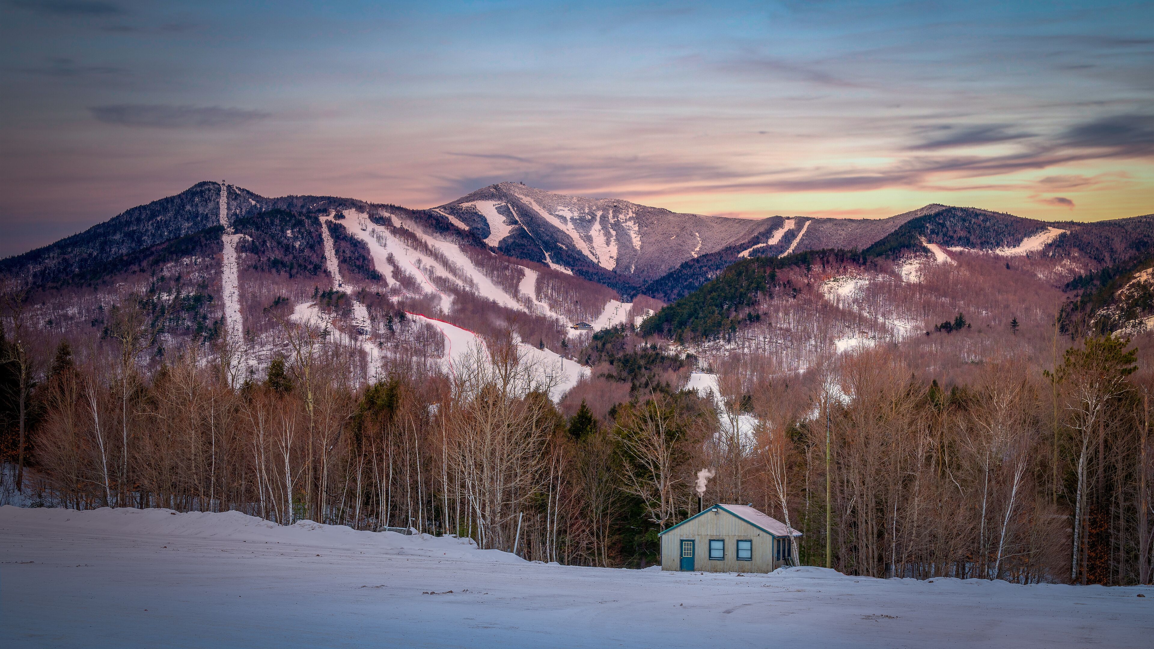 Twilight on the ski slopes of Whiteface Mountain in Wilmington, New York, the Adirondacks