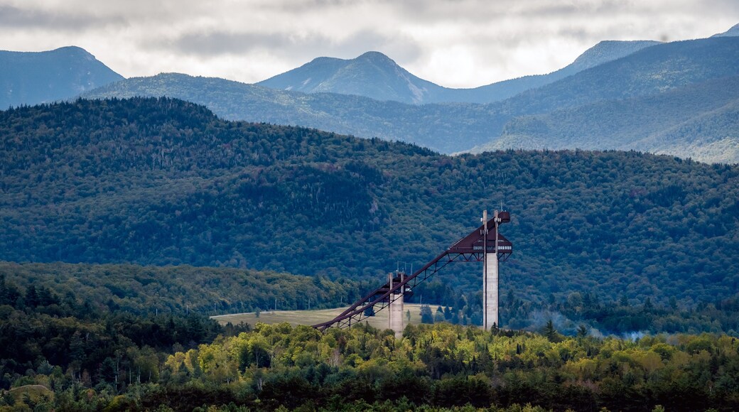 A long view of the Olympic ski jumps as part of the Lake Placid Olympic Sports Complex in the Adirondack Mountains, New York
