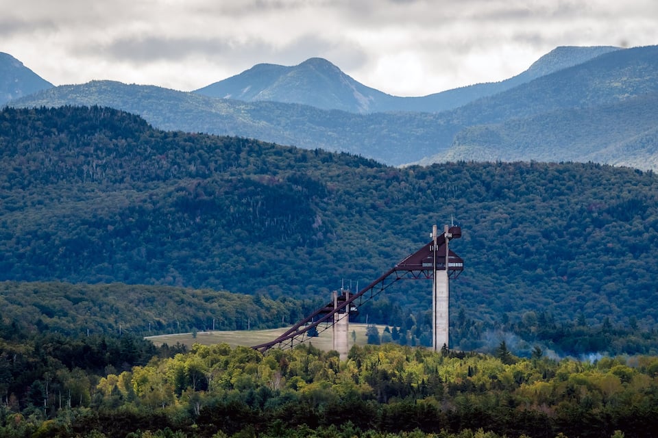 A wind turbine in a forested valley with mountains in the background.