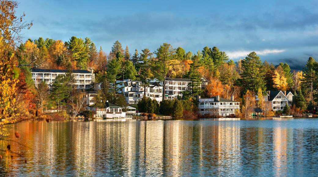 Lake Placid town over Mirror Lake Adirondack Mountains New York