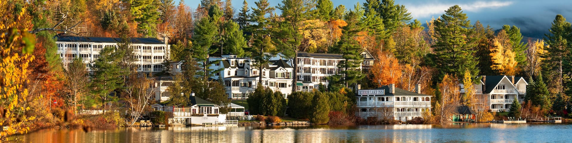 Lake Placid town over Mirror Lake Adirondack Mountains New York