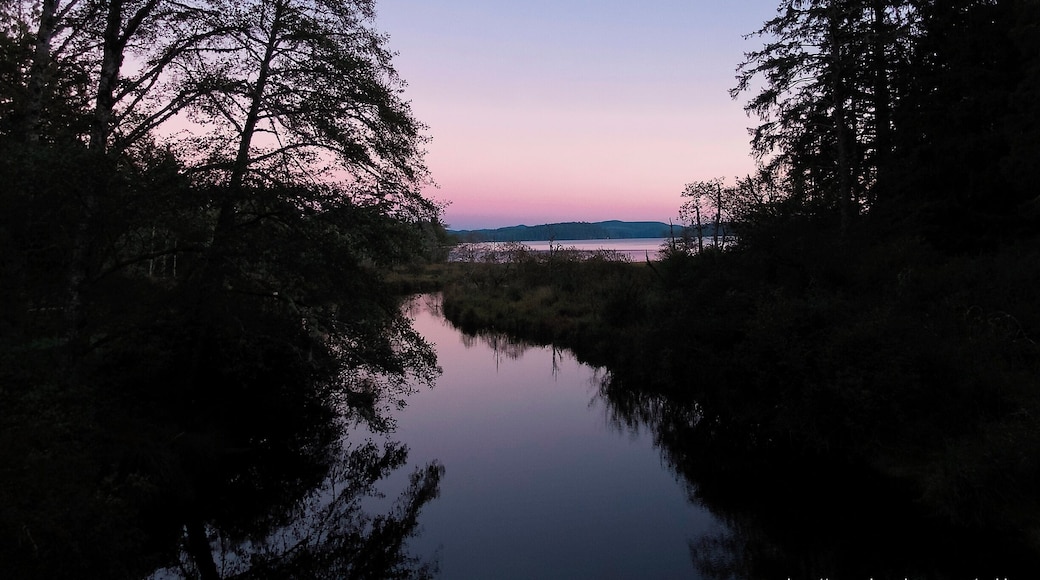 As promised, another sunset to finish off the day.
The trail that begins at Ozette Lake is billed as a 10.5 mile triangle which leads you down to the ocean and across a couple of miles of beach.
But, practically speaking, you need to find a way to navigate the surf unless you hit the beach at very low tide. Our hike stretched out for about 12 miles, as we made serpentine patterns through the exposed rocks out and back to see all the sea stacks.
When we returned to the lake, the sun had all but rolled over the lip of the earth. But it left a few colors dangling in the air, and Ozette Lake caught them all and tossed them back up like a smooth and silky sheet of glass.