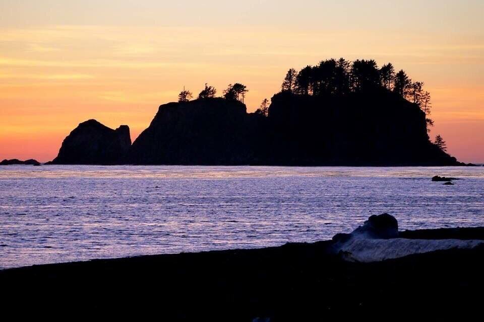 A sunset over a coastal landscape with silhouetted rock formations and trees.
