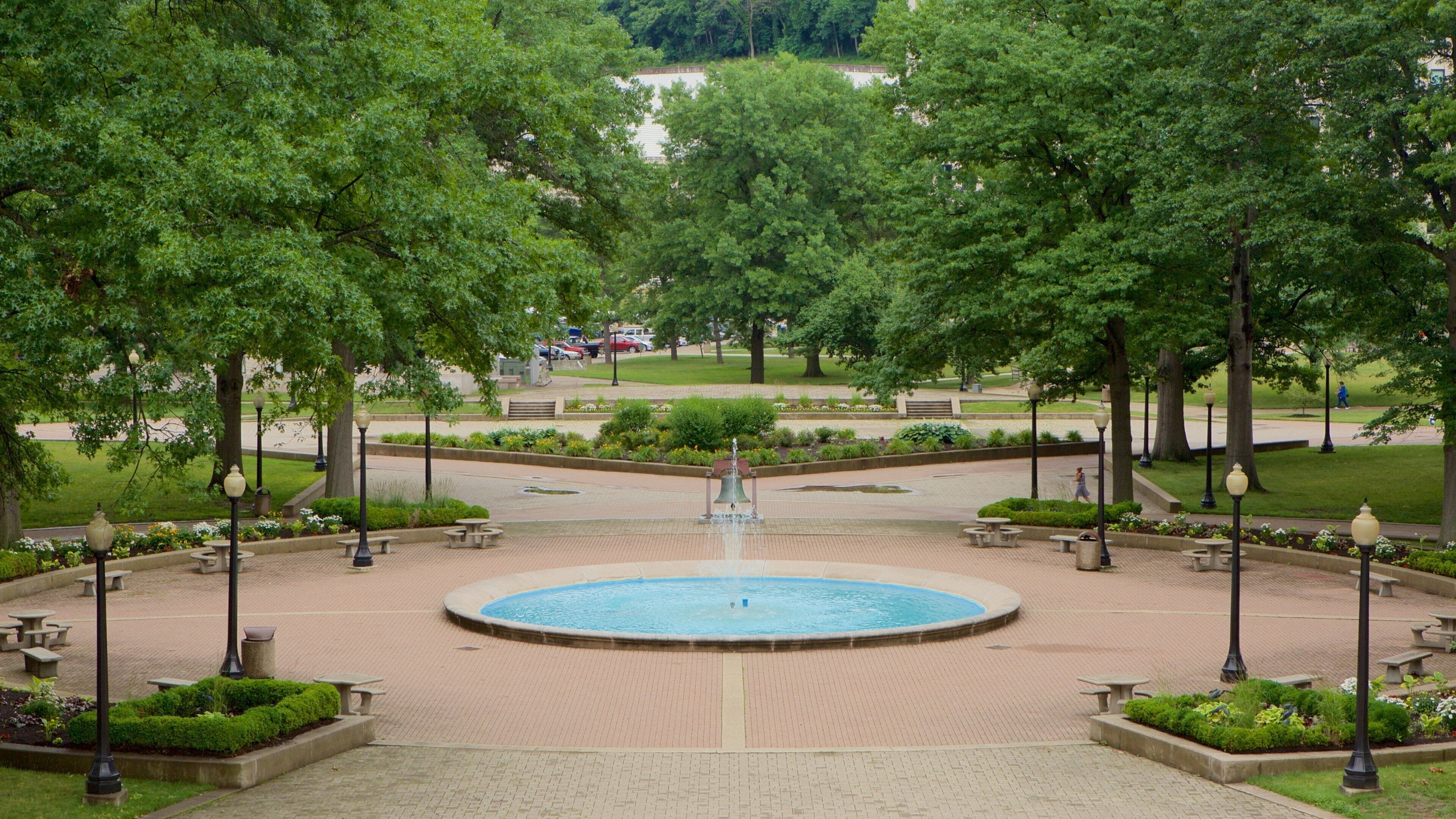 West Virginia State Capitol Building showing a fountain, an administrative building and a garden