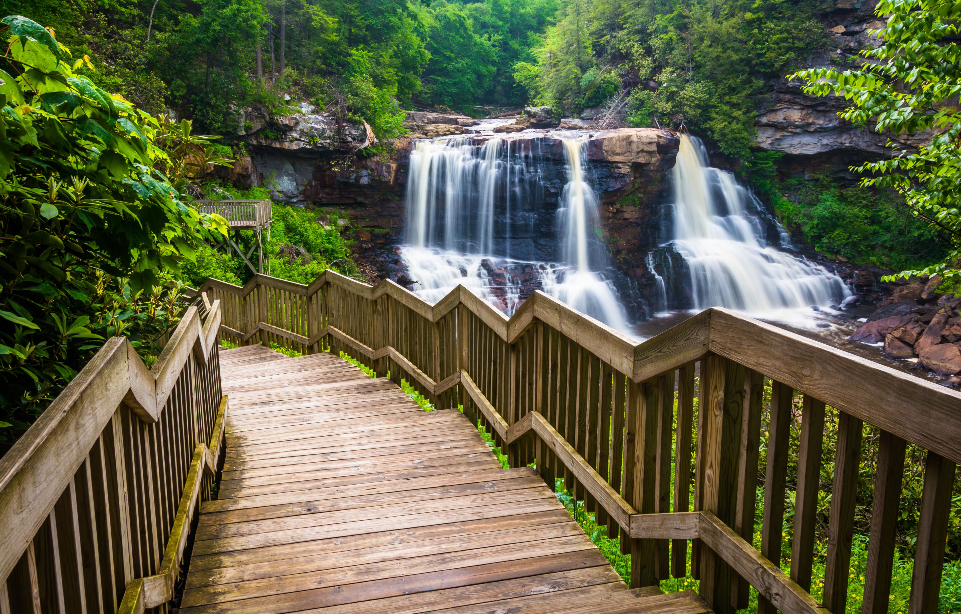 A wooden staircase leading to a waterfall surrounded by lush greenery.