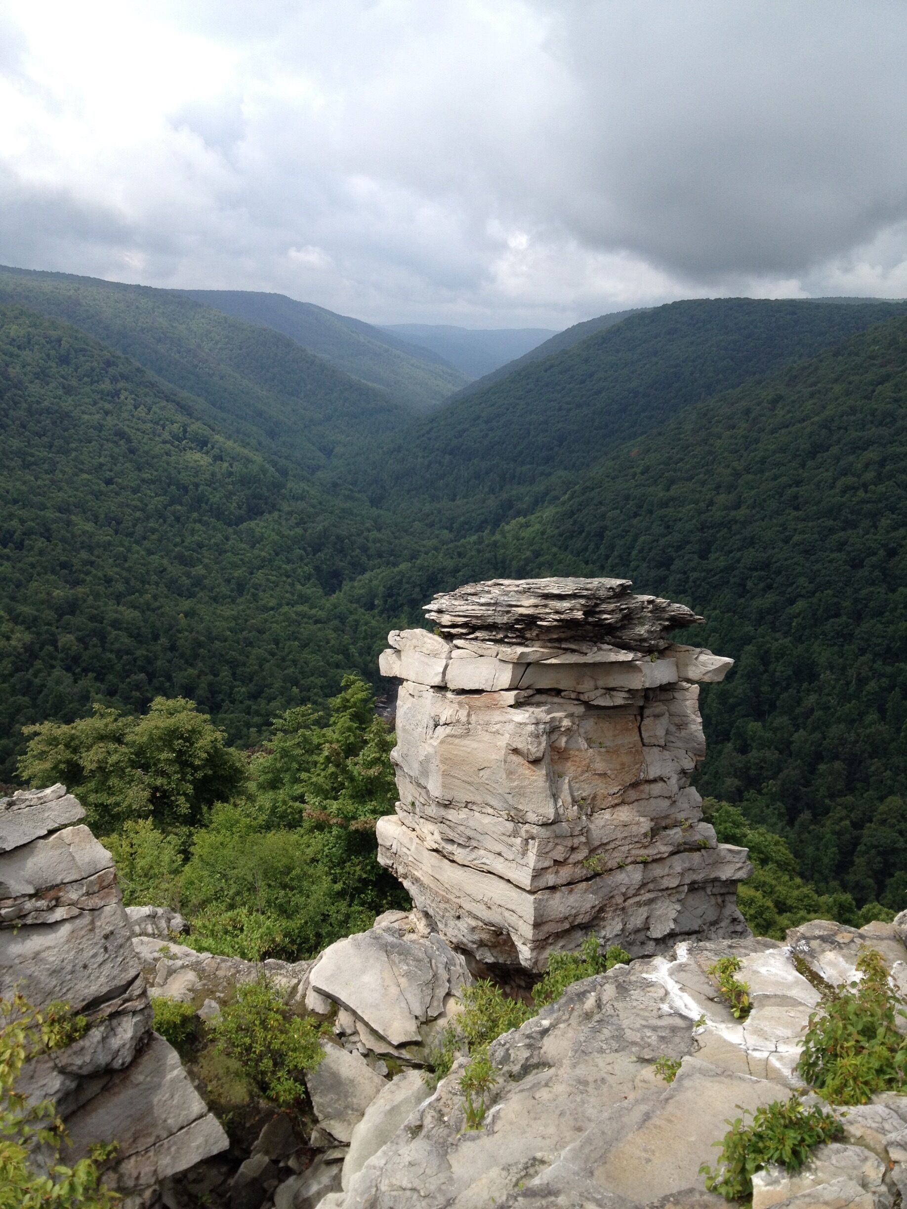 A rocky outcrop with a layered rock formation surrounded by dense forest and rolling hills.