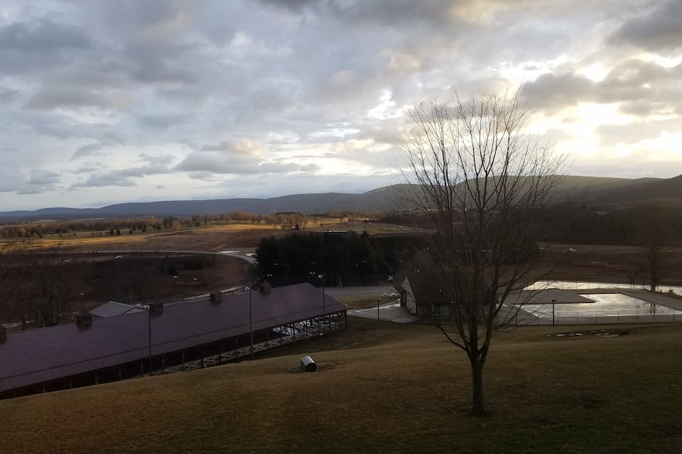 A rural landscape with a river, a building with a purple roof, and a leafless tree.