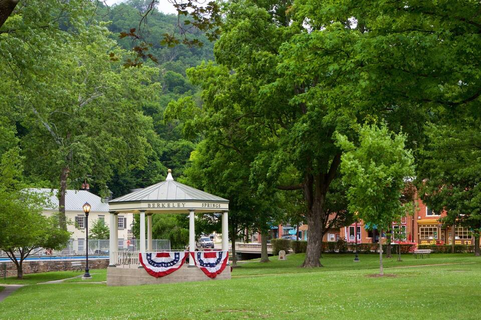 A gazebo with an American flag in a park with trees and buildings in the background.