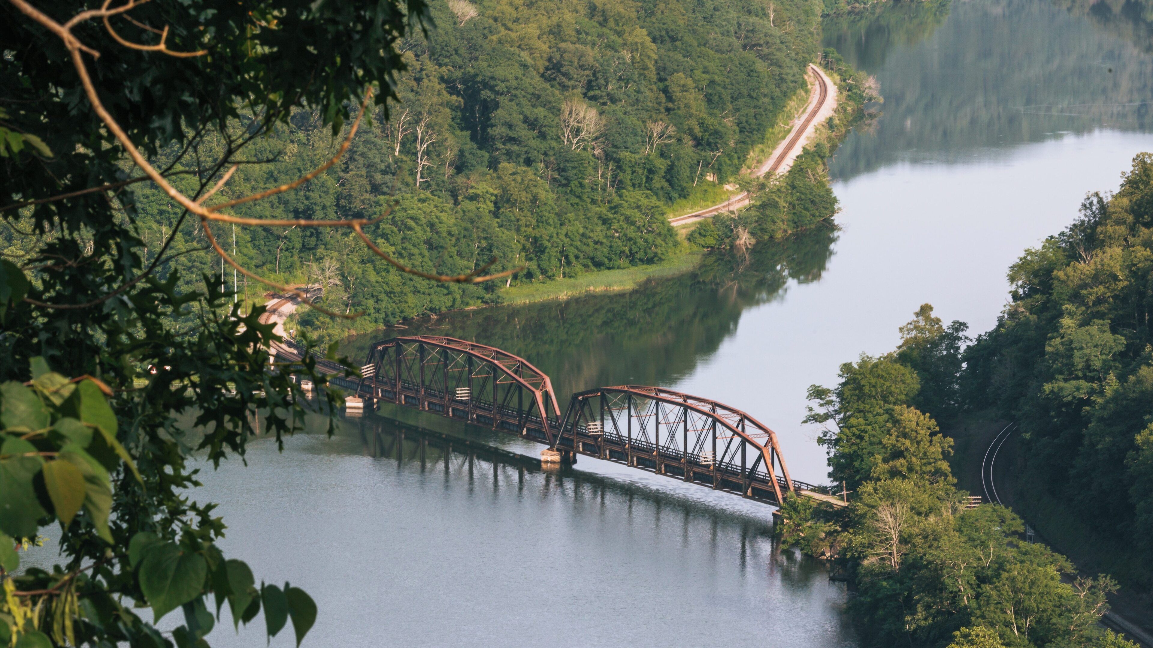 Stunning view of Hawks Nest State Park with railway bridge over the New River in West Virginia