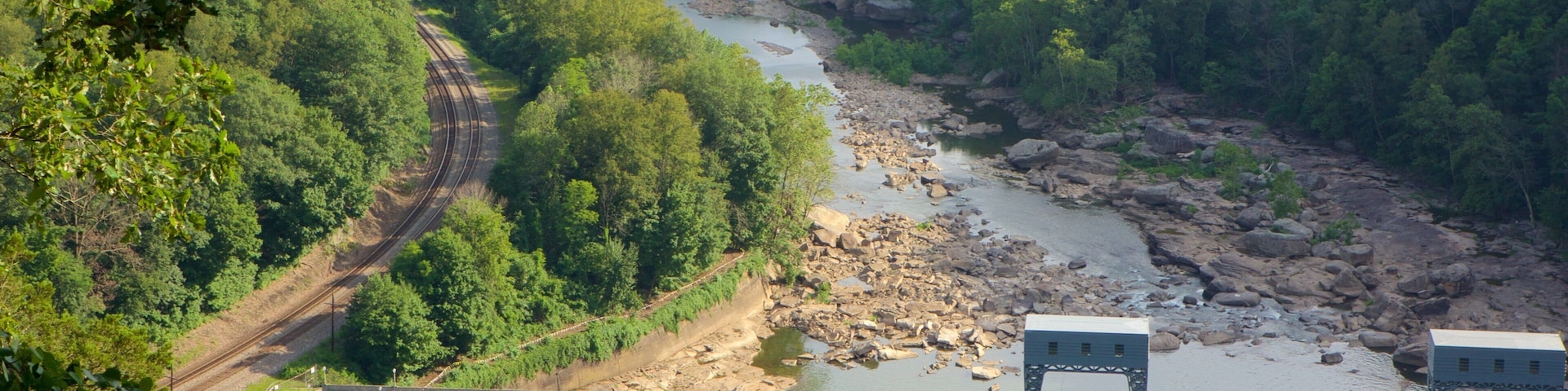 Hawks Nest State Park showing a river or creek, railway items and tranquil scenes